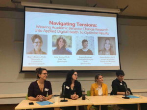 Panelists Dr. Sherry Pagoto, Dr. Amy Bucher, Dr. Sarah Mullane, and Elspeth Kirkman